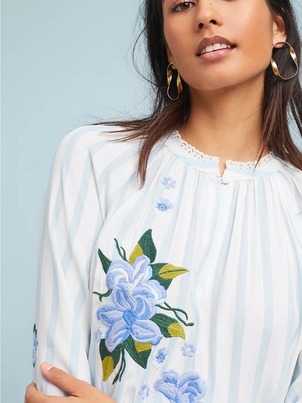 Anthropologie Embroidered & Striped Blouse Sz M Boho Cottagecore Nature Relaxed - Picture 5 of 11